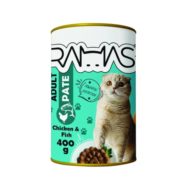 کنسرو گربه راماس مدل PATE طعم مرغ و ماهی وزن 400 گرم